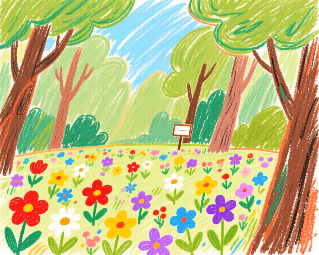 A hidden clearing filled with wildflowers deep in the woods.