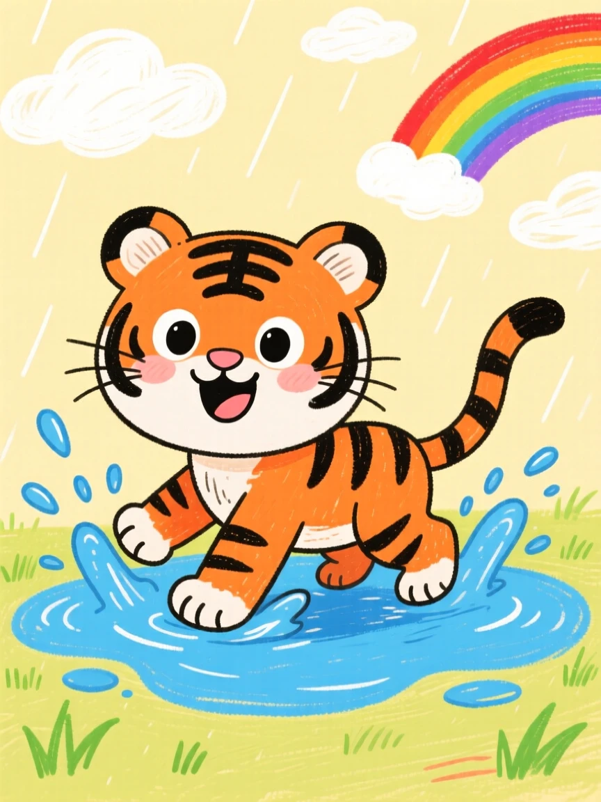 A striped baby tiger splashing in a shallow puddle after rain.