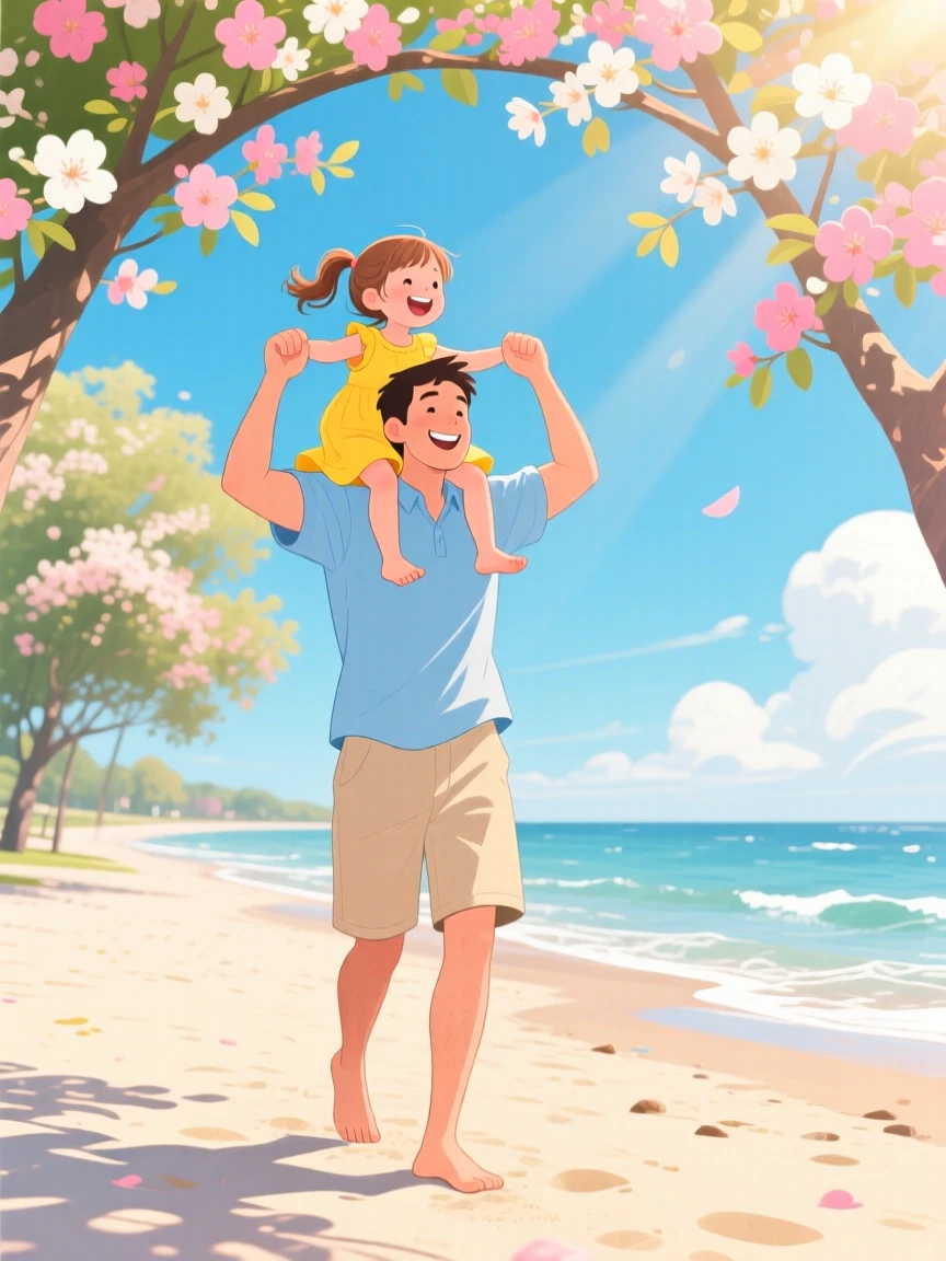 A father lifting his daughter onto his shoulders at the beach, in a sunlit park filled with blooming trees, arranged with balanced framing that feels warm and inviting, with a sense of warmth and togetherness in every detail.
