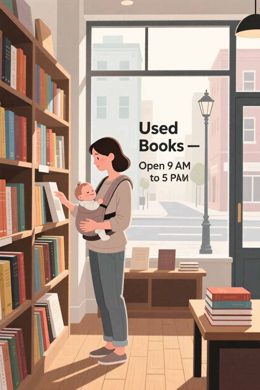 A new parent browsing a used bookstore on a quiet weekday morning in the city.