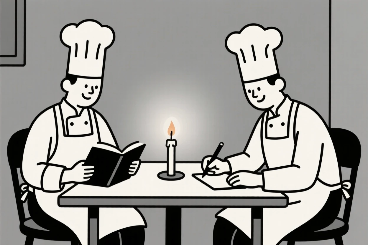 Two chef writing in a journal together in a candlelit room, sharing a moment of quiet joy.