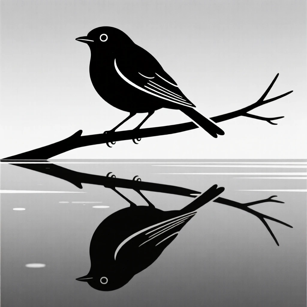A robin reflected in still water.