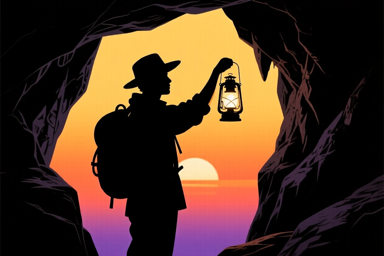An explorer holding up a lantern inside a deep limestone cave.