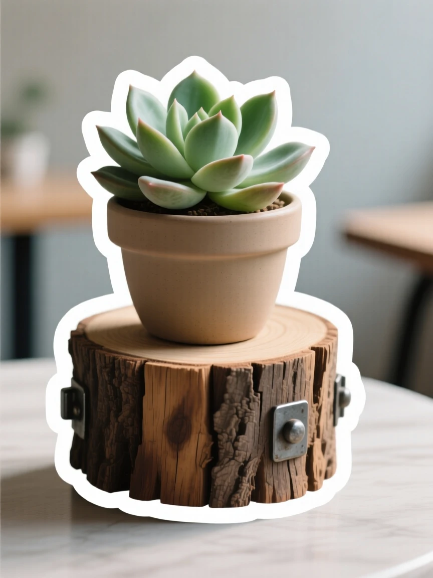 A calm and serene potted succulent plant, sitting atop an old wooden trunk, on a café table with soft ambient light.