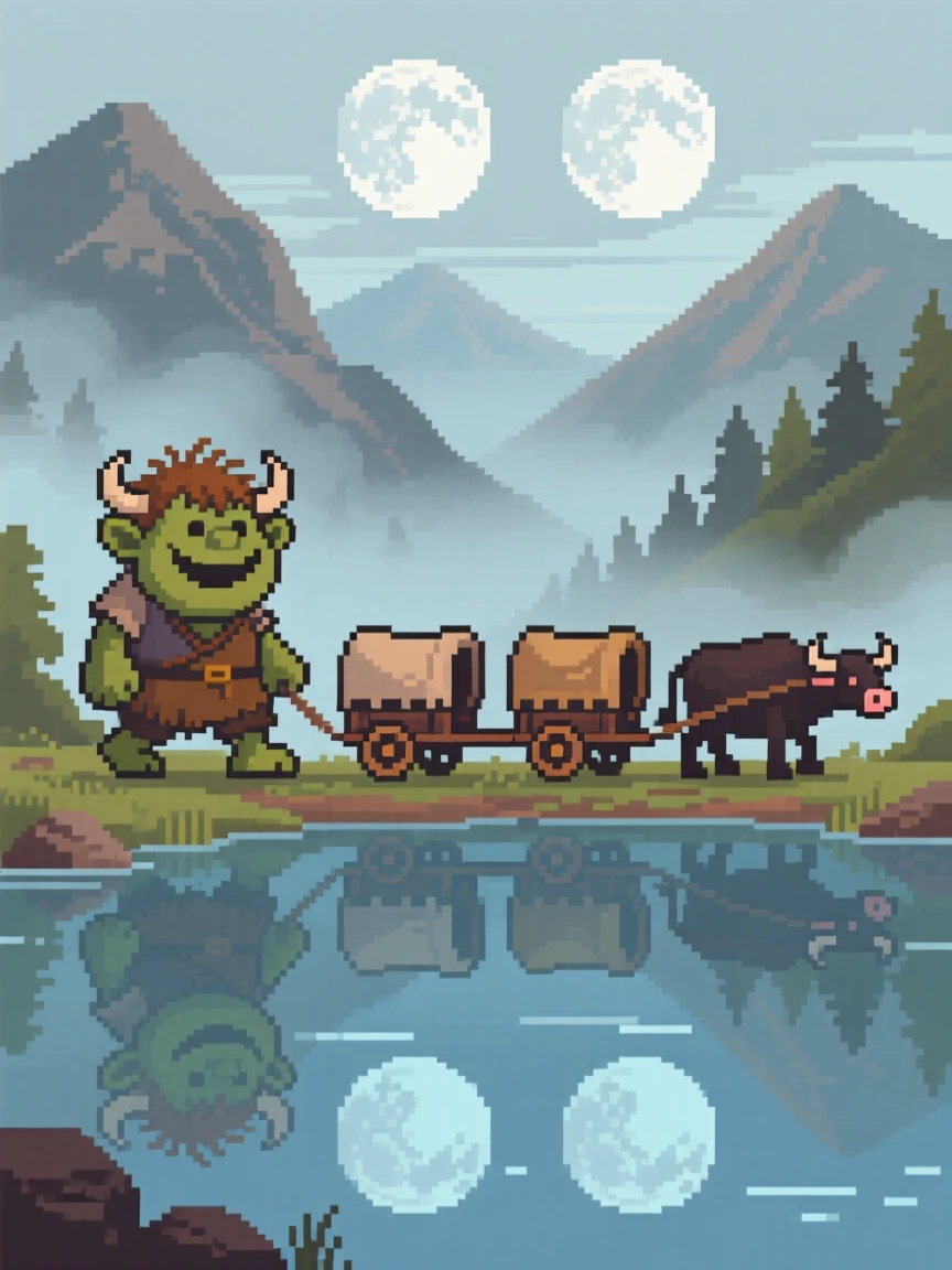A friendly forest troll leading a caravan through a misty pass, beside a lake reflecting two moons.