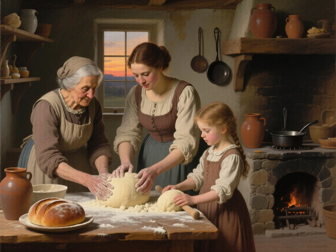 An intimate close-up of three generations of women baking bread together in a farmhouse kitchen, at dusk, in the 18th century.