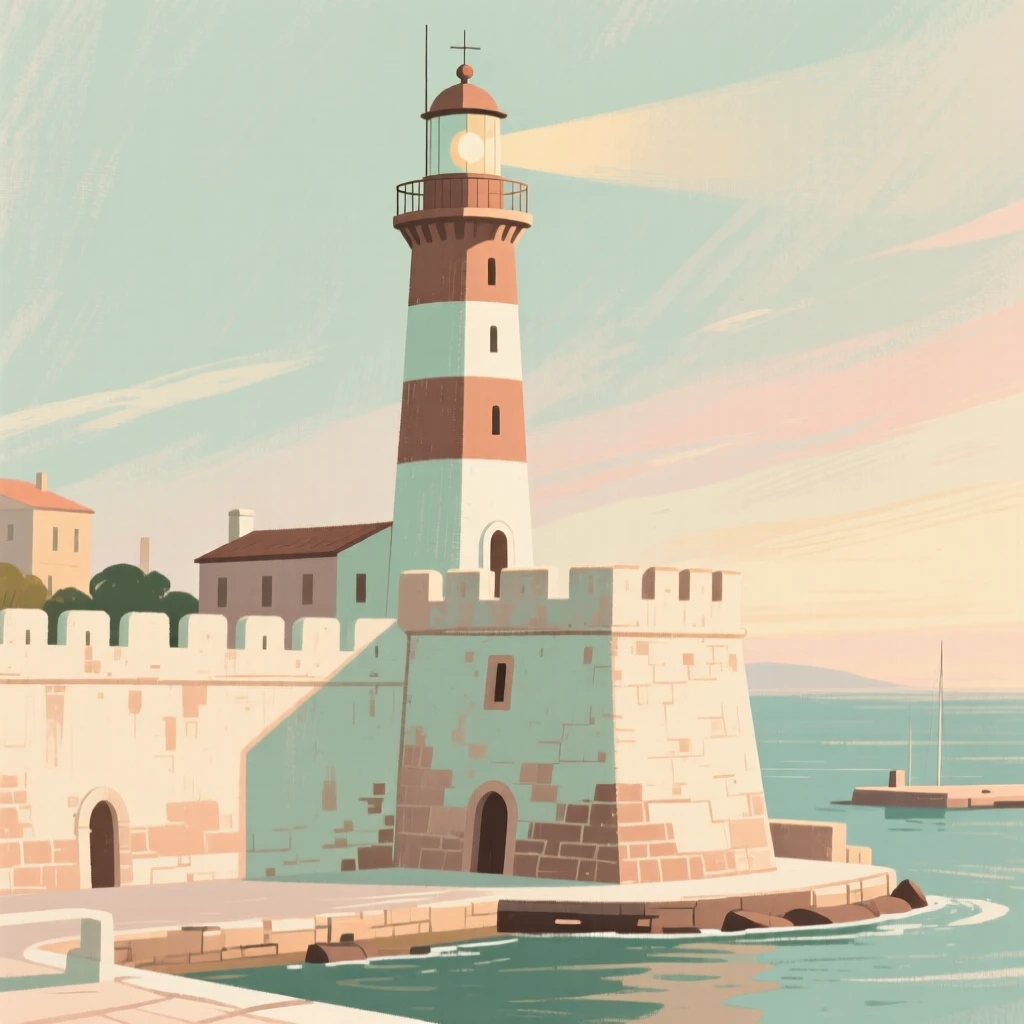 The lighthouse and fortress walls of an old Mediterranean port