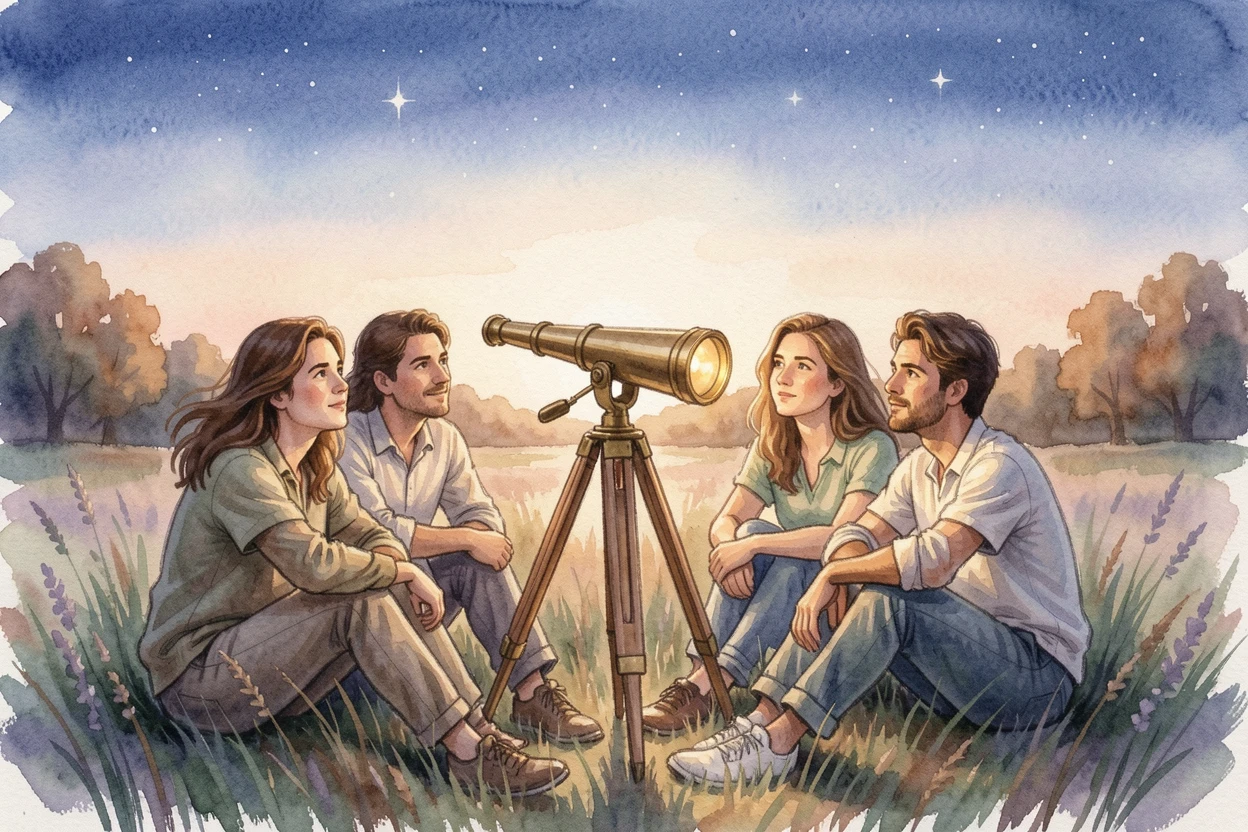 A group of friends stargazing with a telescope.