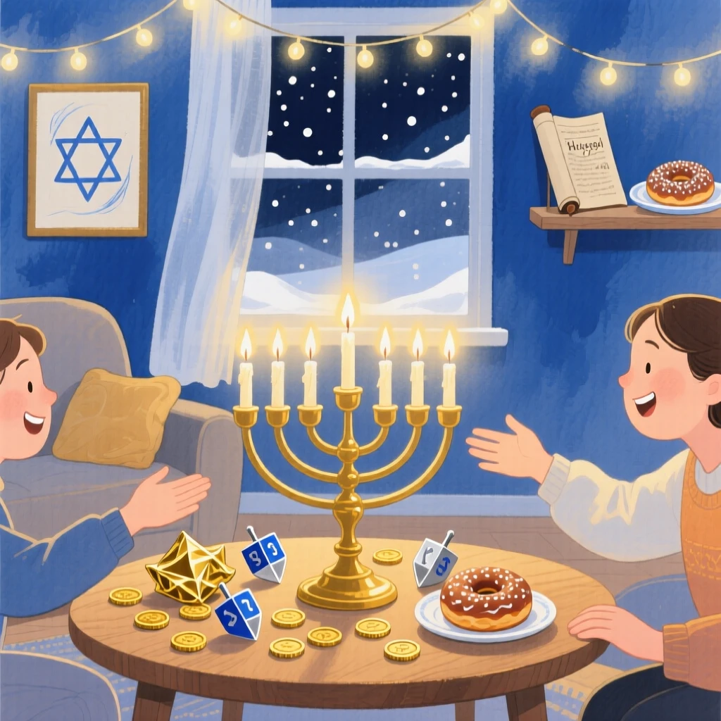 A joyful scene of a cozy Hanukkah evening, decorated with twinkling string lights, capturing the warmth of the celebration