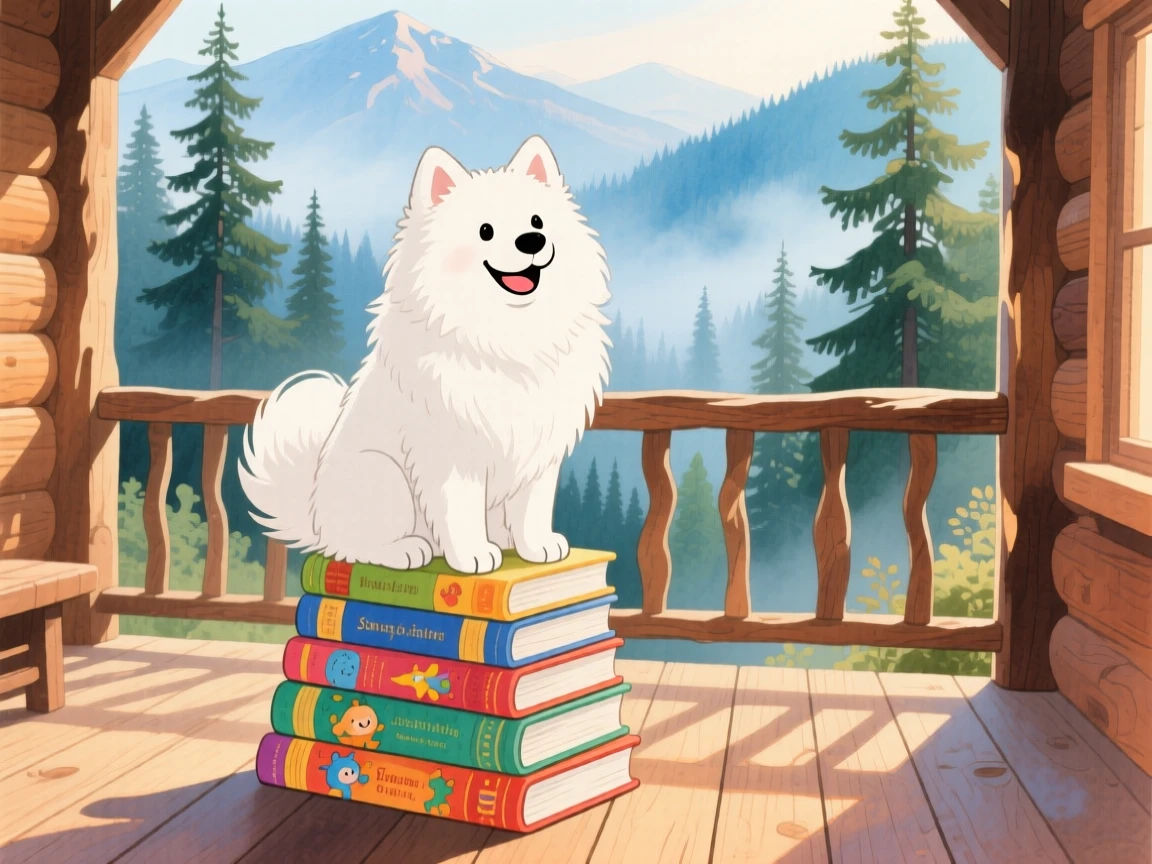 A fluffy samoyed dog sitting proudly atop a stack of storybooks, set in a mountain cabin porch overlooking misty pines, radiating pure innocent joy.