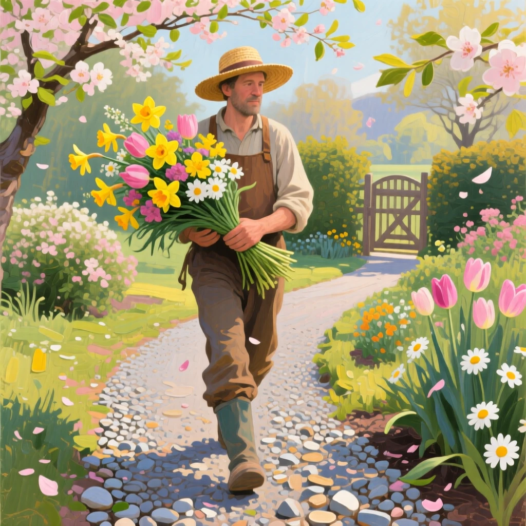 a gardener carrying fresh-cut flowers along a gravel path, on a peaceful spring afternoon, composed along a natural leading line.
