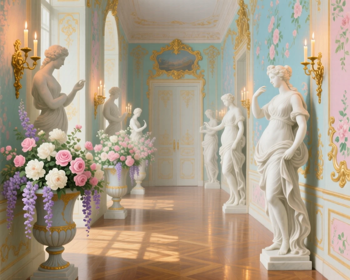 A candlelit corridor lined with statues and tall floral urns  