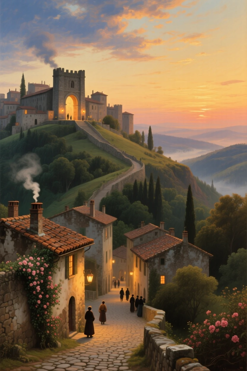 A hilltop city glows warmly as evening falls over its ancient rooftops.