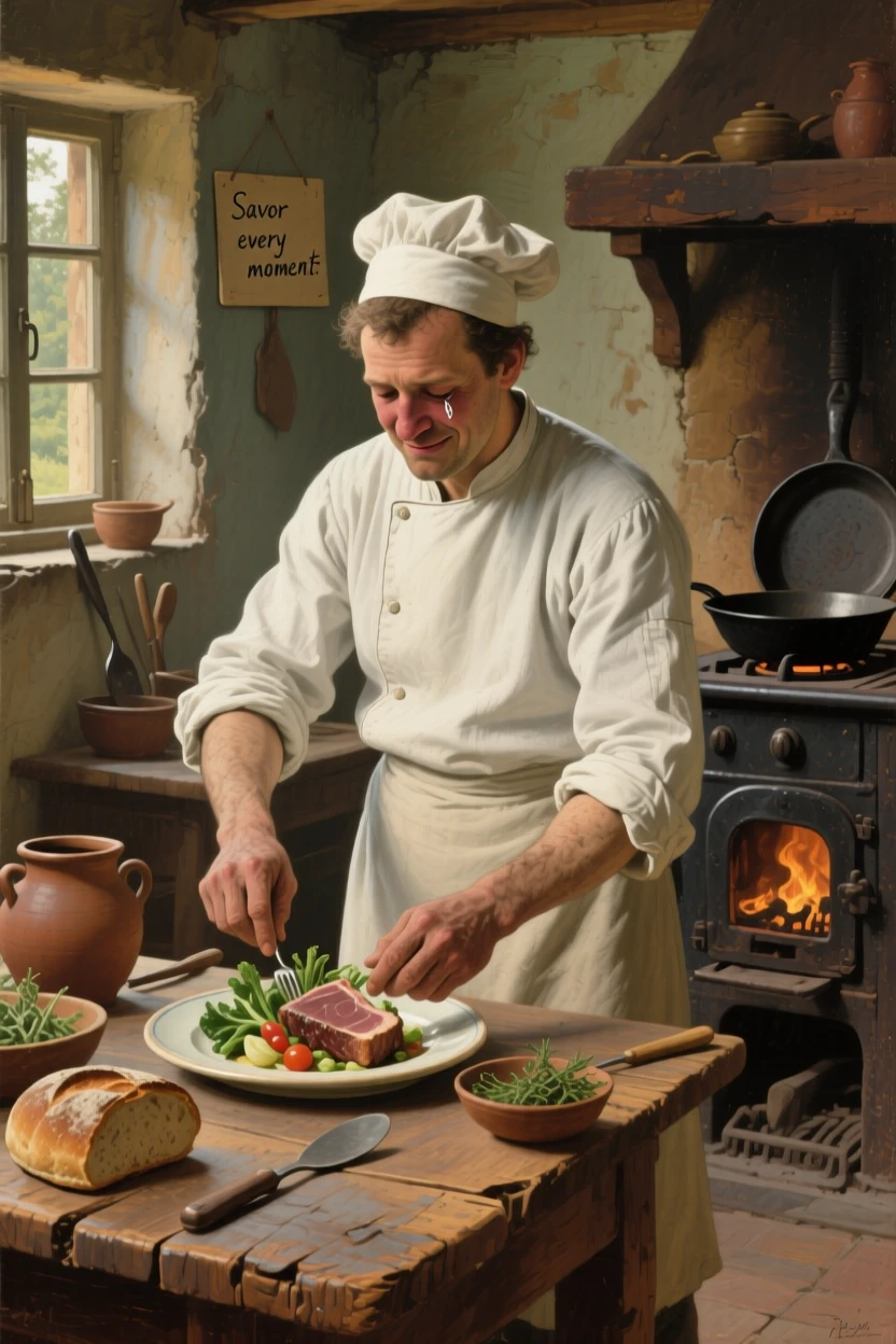 A chef plating a beautifully crafted dish with meticulous care, as a single tear or smile reveals the depth of feeling, capturing a universal, deeply human moment of emotion