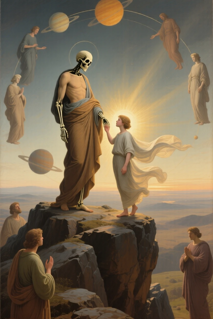 Death depicted as a gentle guide leading a soul toward the light in a gesture that speaks to all of humanity, set atop a rocky promontory overlooking a vast unknown, with drapery caught in a wind that seems to come from another world; supporting figures orbit the central allegory like planets around a sun, filled with quiet reverence for forces greater than ourselves.