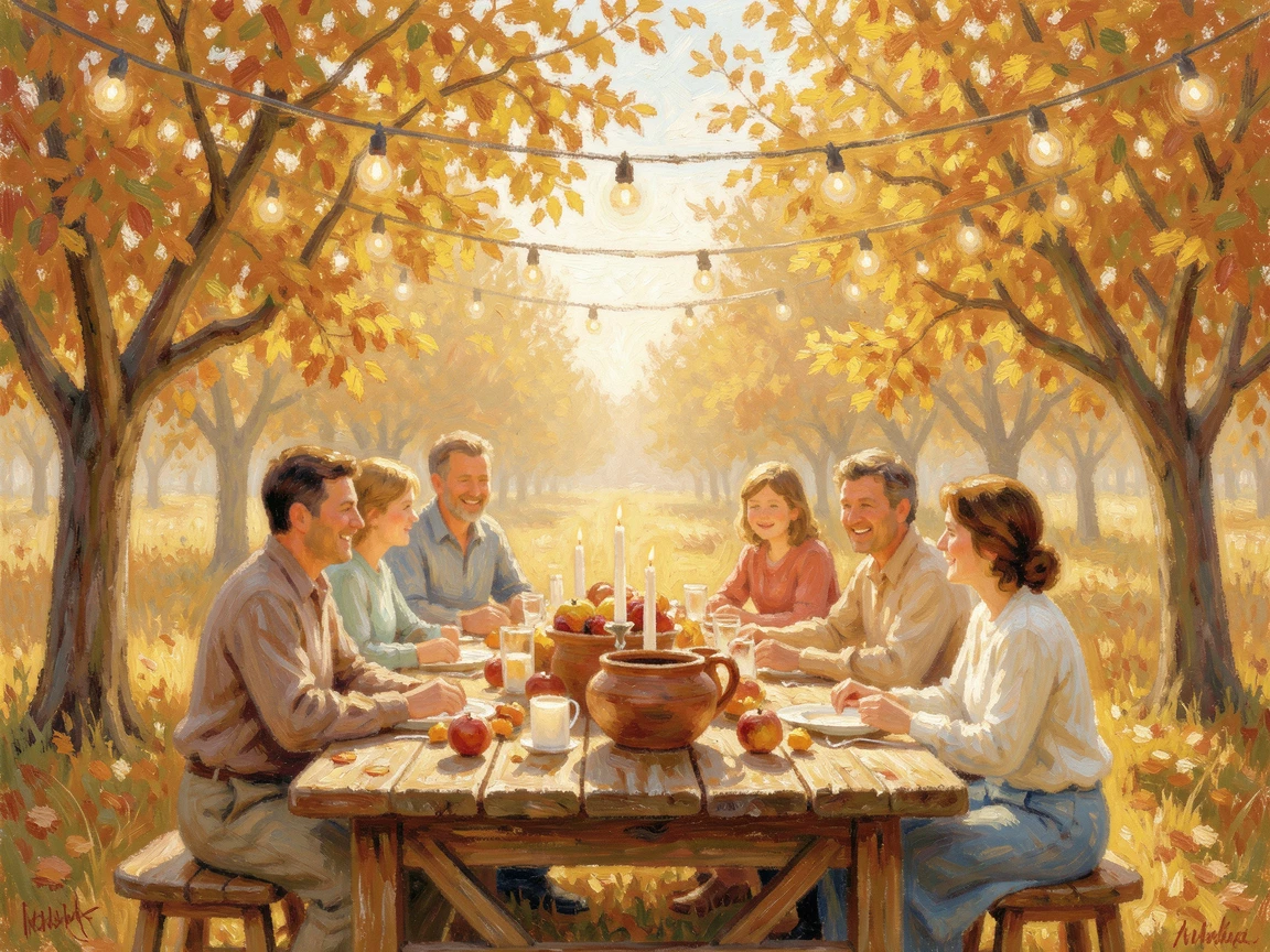 A joyful family gathered around a long harvest table beneath string lights in a golden autumn orchard.