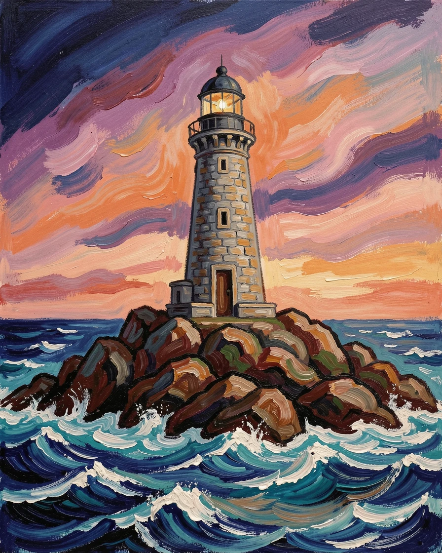 A stone lighthouse standing alone on a rocky point as waves crash below at dusk.
