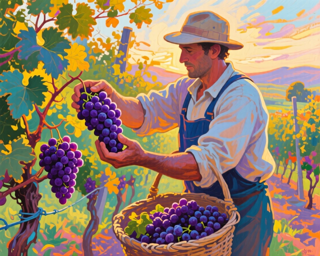 A vineyard worker harvesting deep purple grapes by hand under the late afternoon sun