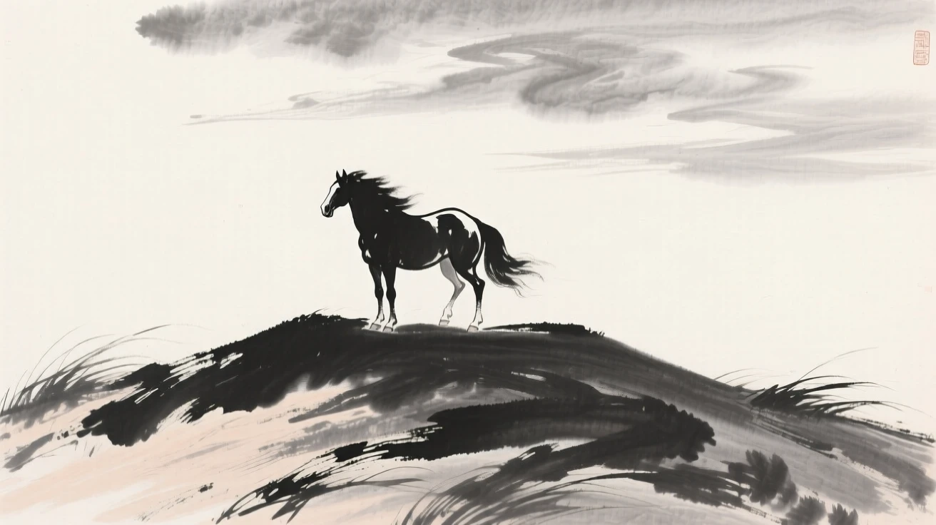 A lone horse stands silhouetted atop a windswept hill, while clouds drift low over the grassland.