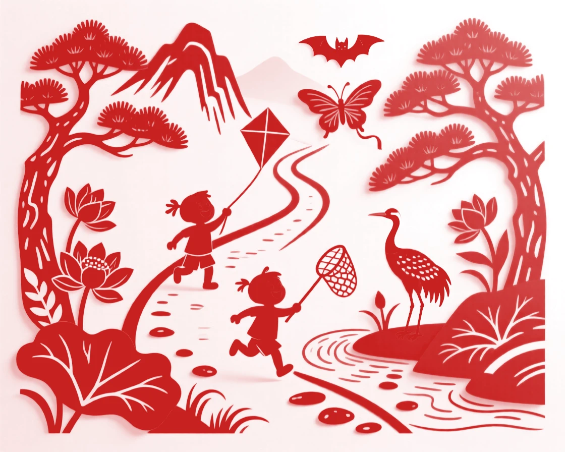 A Summer scene of a mountain trail wrapped in seasonal color, children playing in the crisp open air.