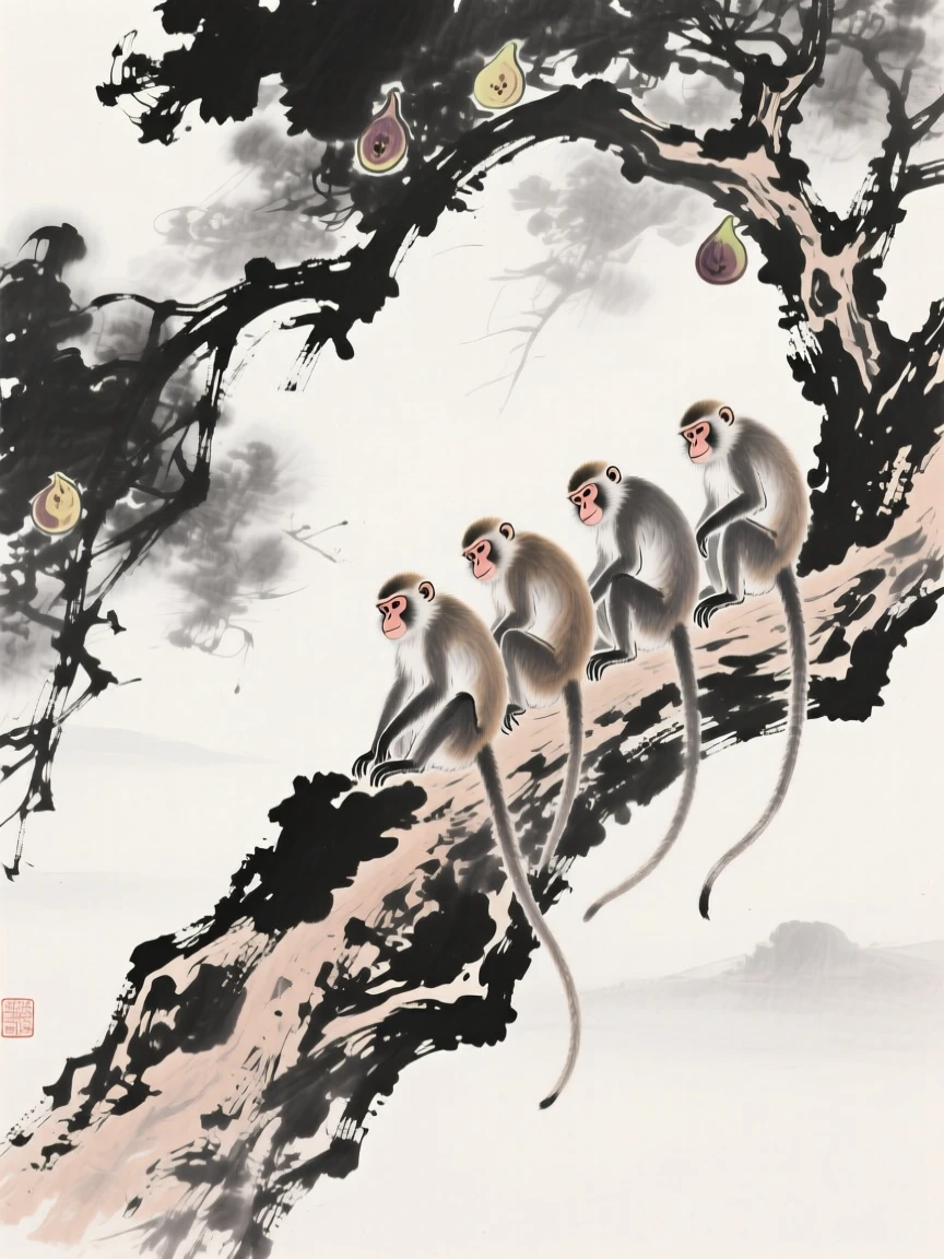 A troop of monkeys resting in the branches of an old fig tree, viewed through a gentle veil of morning mist, conveying quiet strength and natural grace.