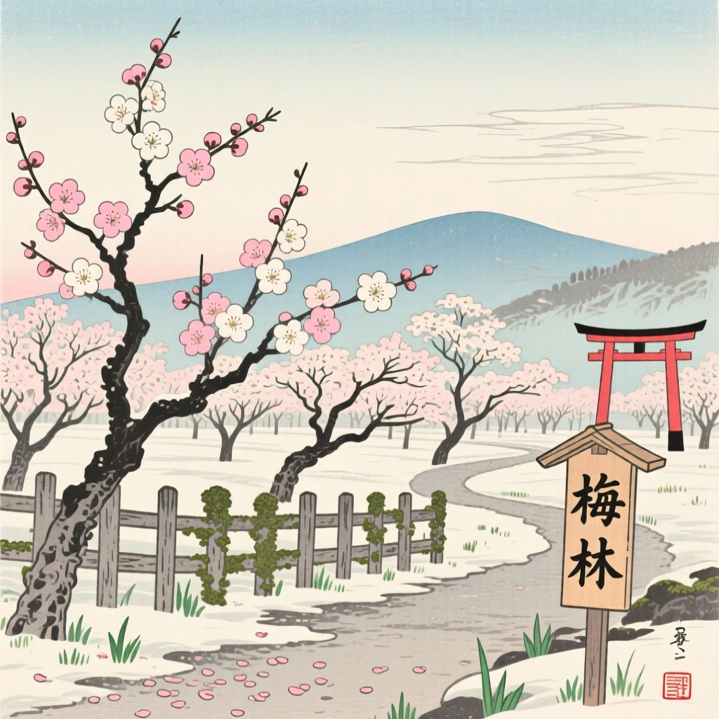 A blossoming plum orchard, reflecting a pale winter sky.