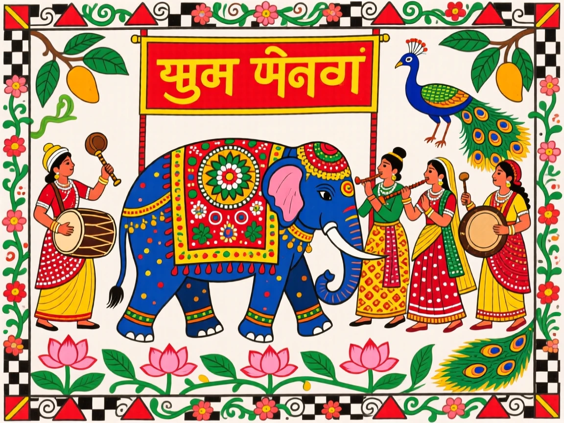 A wedding procession led by musicians and a decorated elephant.
