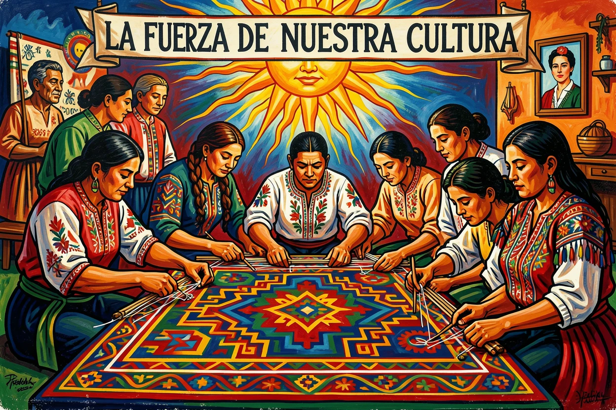 A group of artisans weaving intricate patterns into a rug
