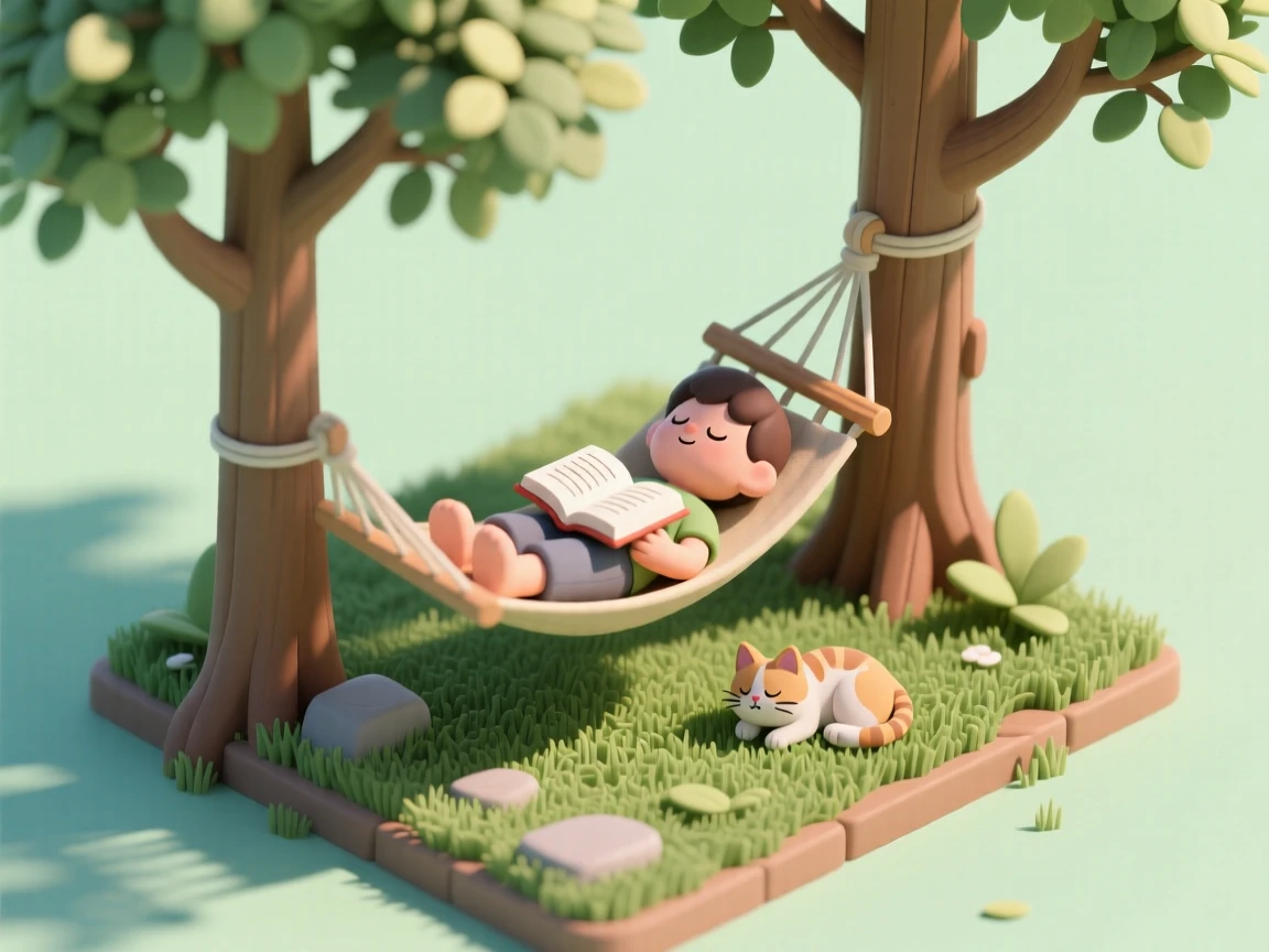 A cozy hammock nap scene in a shaded backyard, a book resting open on the chest, dappled sunlight filtering through leaves, and a cat curled nearby.