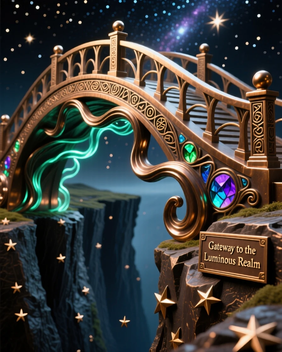 A magical bridge arching over a starlit chasm, with swirling energy and radiant color, transporting the viewer to another world