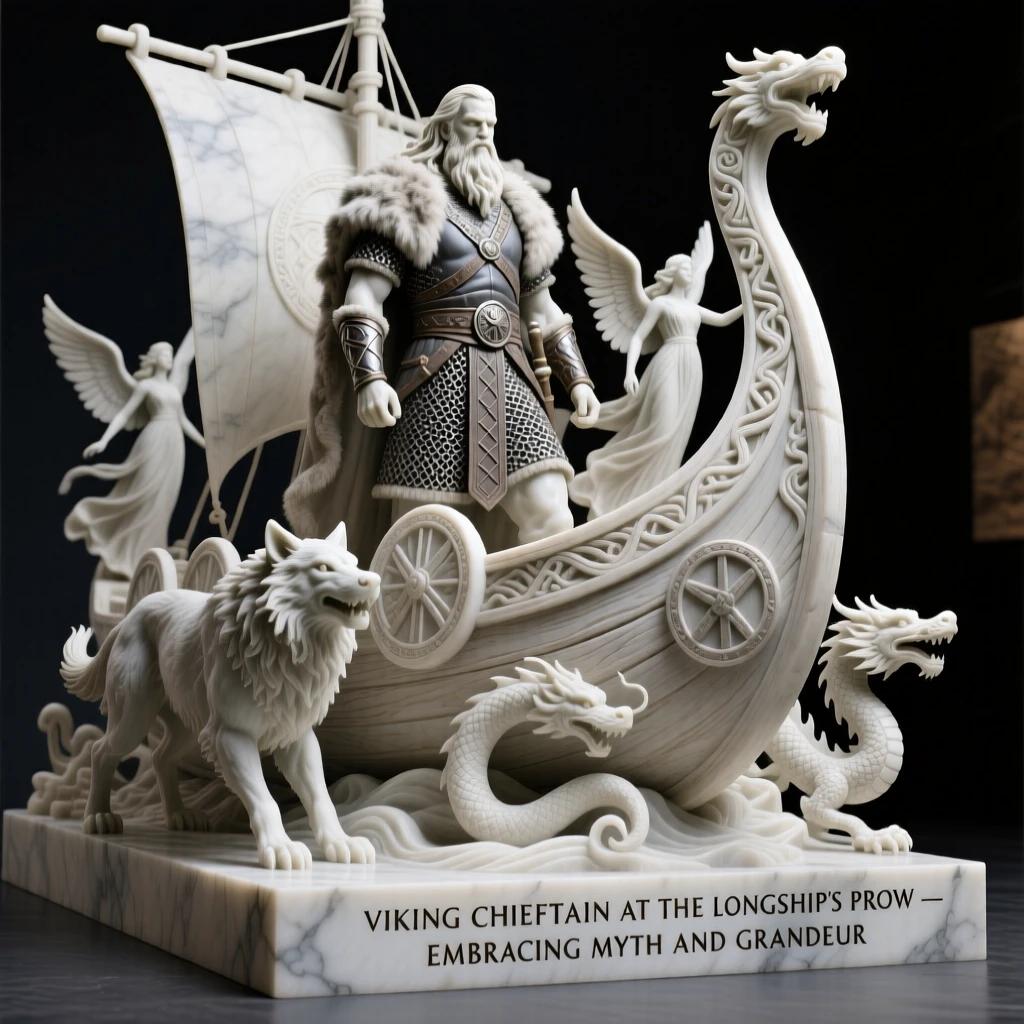 An epic scene of a Viking chieftain standing at the prow of his longship, with mythical creatures gathered nearby, evoking myth and grandeur