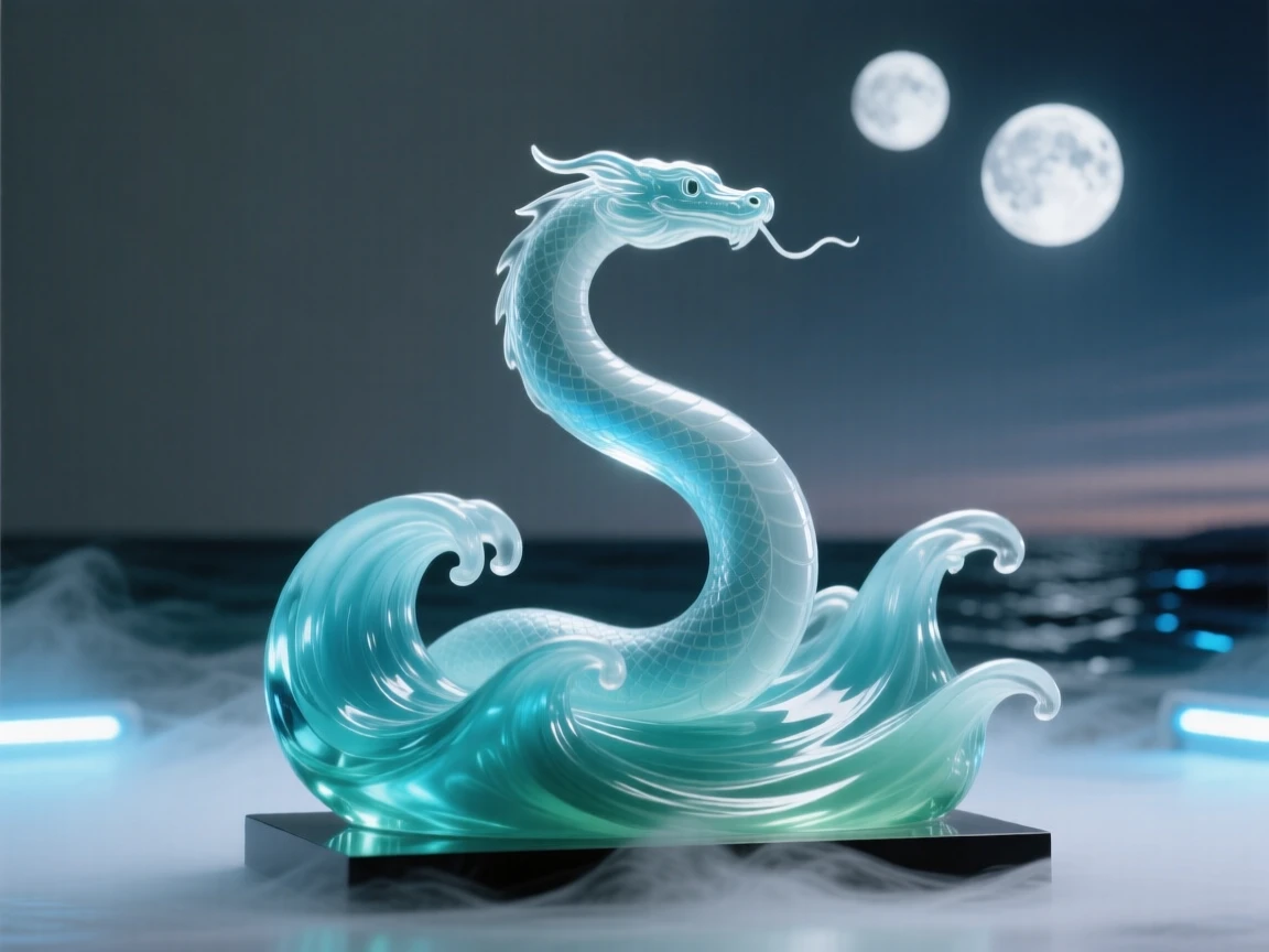 A sea serpent rising from turquoise waves under a twilight sky filled with two moons, atmospheric fog rolling through the scene, feeling mysterious and enchanting.