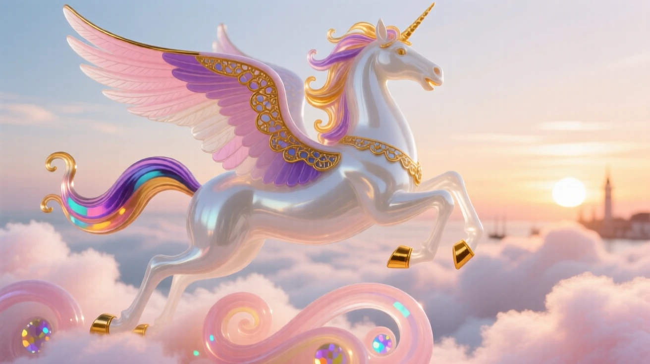 A pegasus soaring above cotton-candy clouds at sunrise, majestic and free.