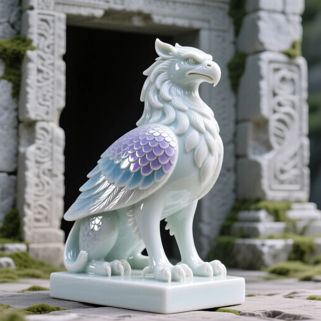 A majestic griffin guarding the entrance to an ancient ruin, scales shimmering with iridescent color.
