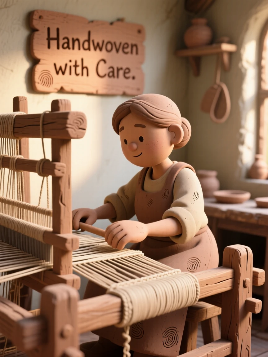 A weaver working an intricate loom in a sunlit workshop