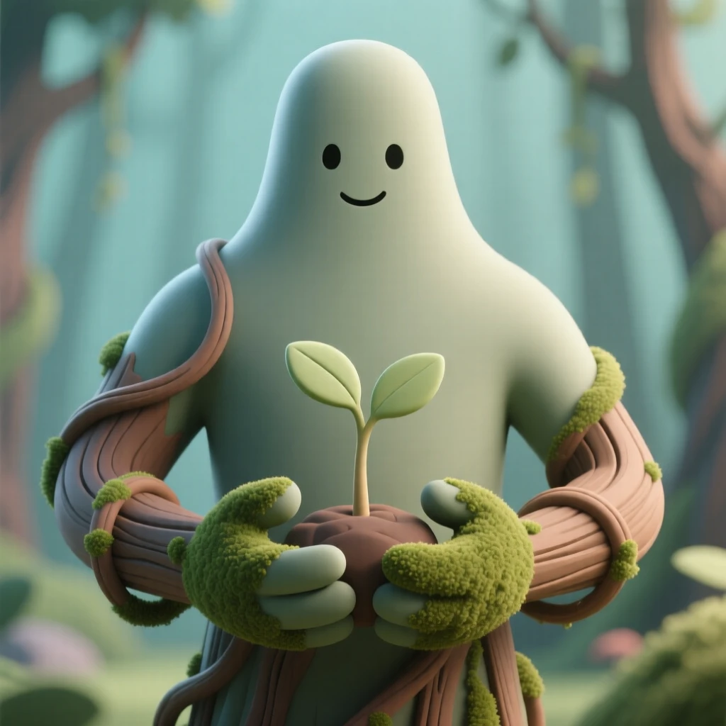 A gentle forest guardian made of living bark and vines cradles a sprouting sapling in mossy hands.