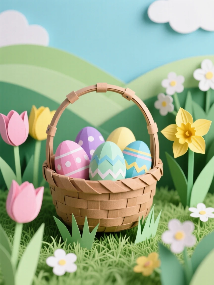 A joyful Easter morning scene with a basket of pastel eggs hidden among spring flowers in a sunlit garden, evoking renewal and playful tradition.