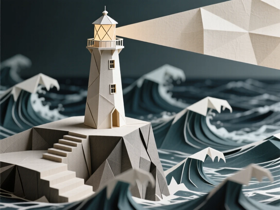 A dramatic cliffside lighthouse standing against a churning stormy sea.