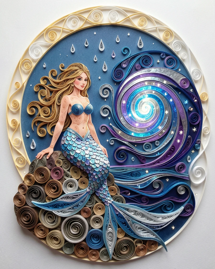 a mermaid perched on a rock beside a moonlit sea, beside a shimmering portal of swirling light, framed with a dreamlike glowing halo of light, with tiny sparkling motes of light drifting through the air.