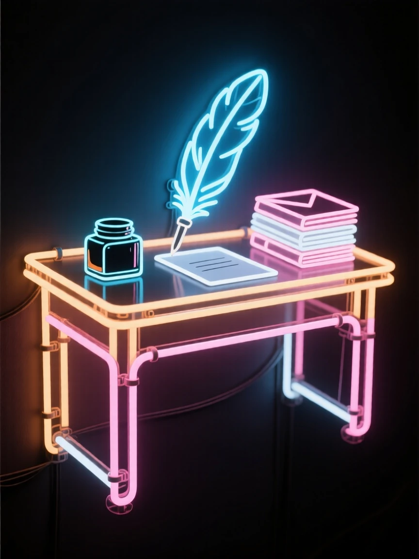 A writing desk with an inkwell, quill, and stack of folded letters.