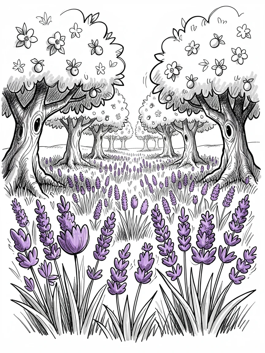 A meadow of lavender in an orchard at bloom time.