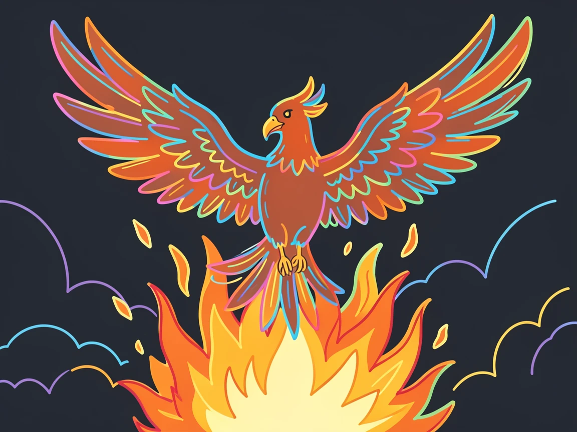 A phoenix rising from a burst of flame, wings spread wide against a dark sky.