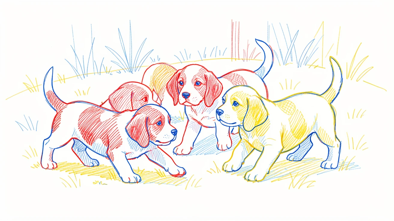 A litter of beagle puppies exploring a backyard for the first time