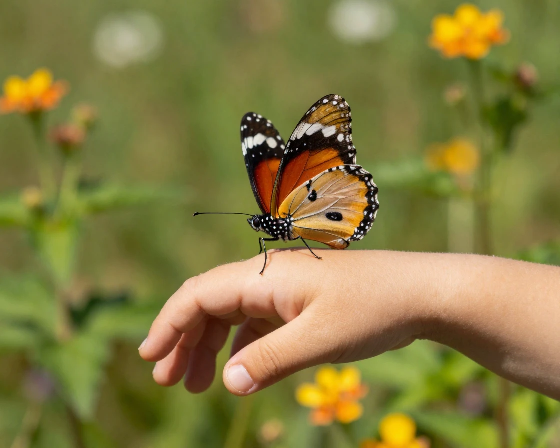A butterfly landing on a child's outstretched hand