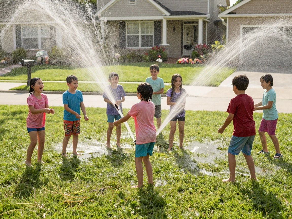 A group of kids splashes through sprinklers set up on a sunny front lawn.