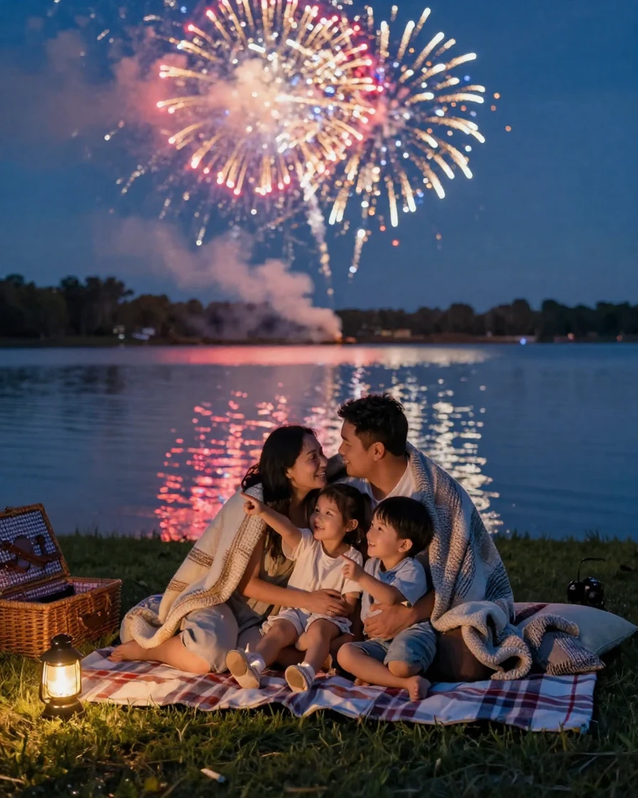 A family of four huddled under blankets watching fireworks explode over a lake
