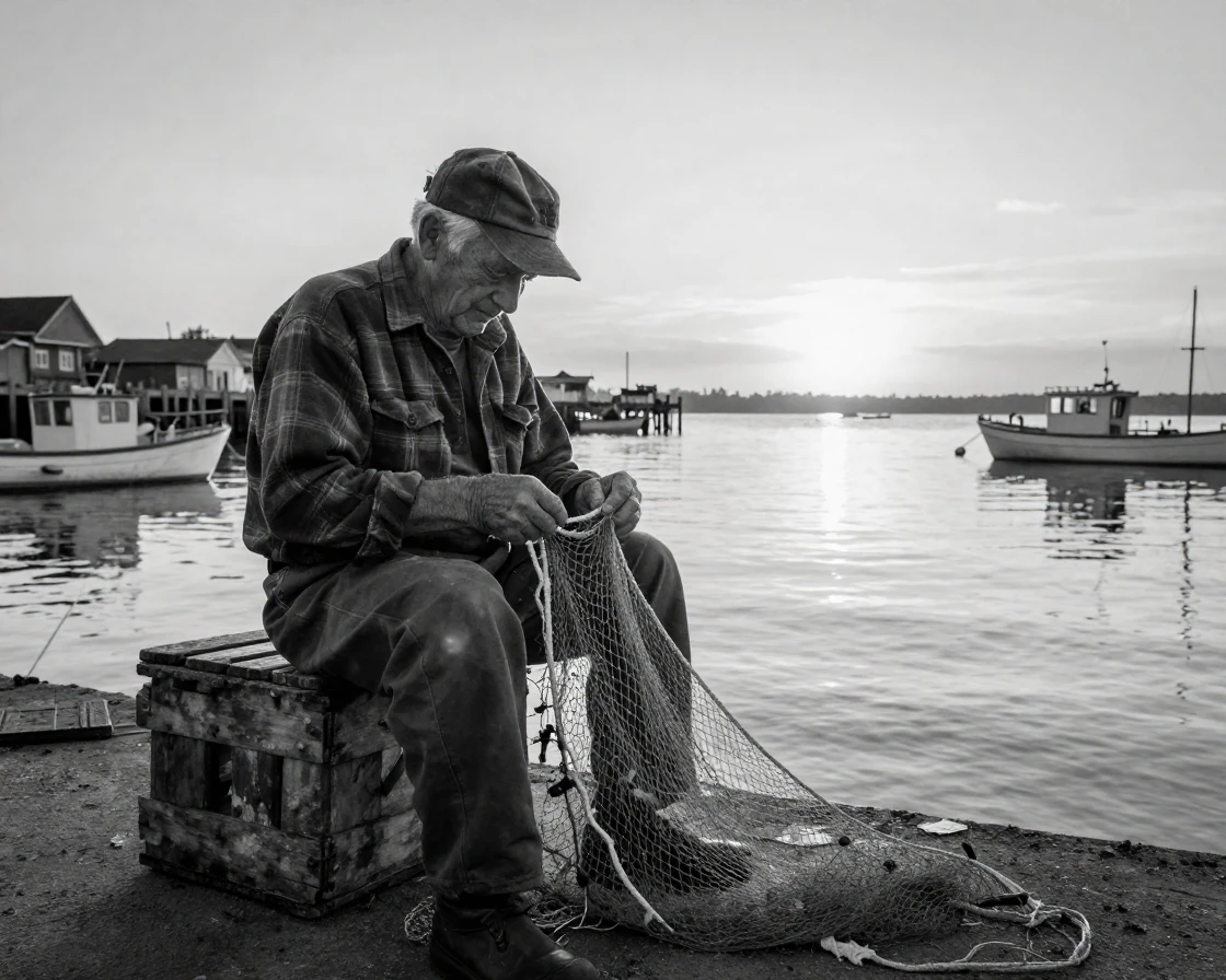 An old fisherman mends a torn net beside a quiet harbor at sunrise.