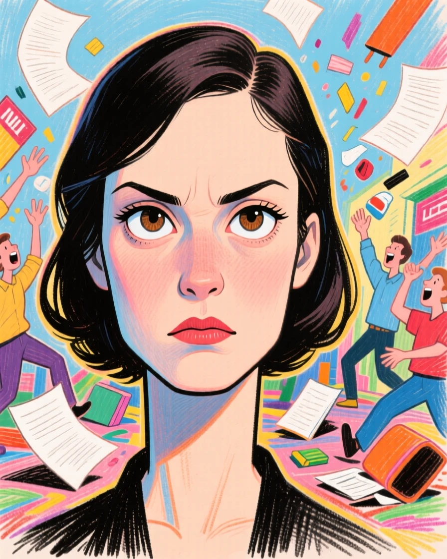 A woman giving a deadpan stare directly at the camera while chaos unfolds behind her.