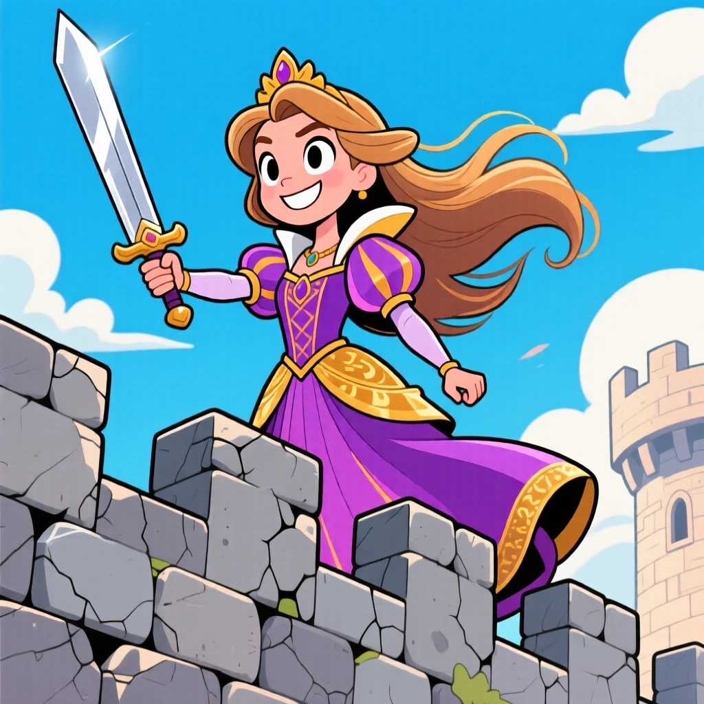 An imaginative fantasy scene of a brave princess wielding a sword confidently atop a castle wall, hair whipping in the wind.