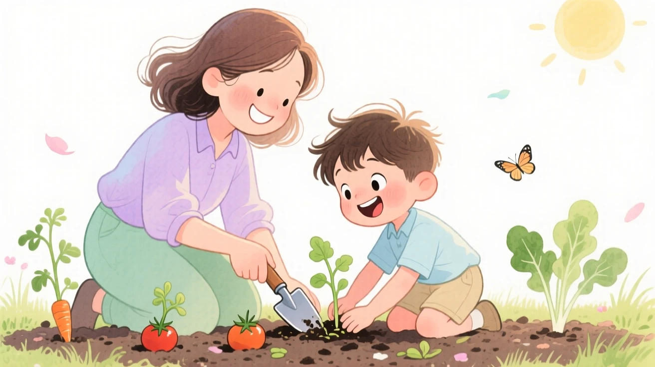 A mother and son planting a vegetable garden together in spring